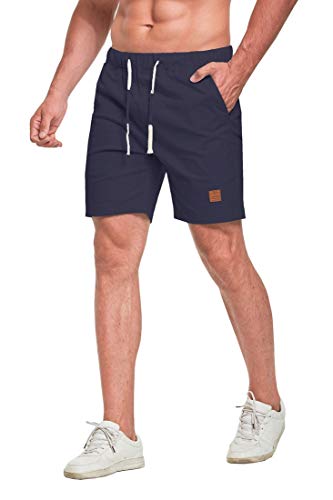 Tansozer Shorts Men Summer Casual Cotton Linen Shorts Elasticated Waist Pockets Mens Swimming Board Beach Shorts Navy Blue L