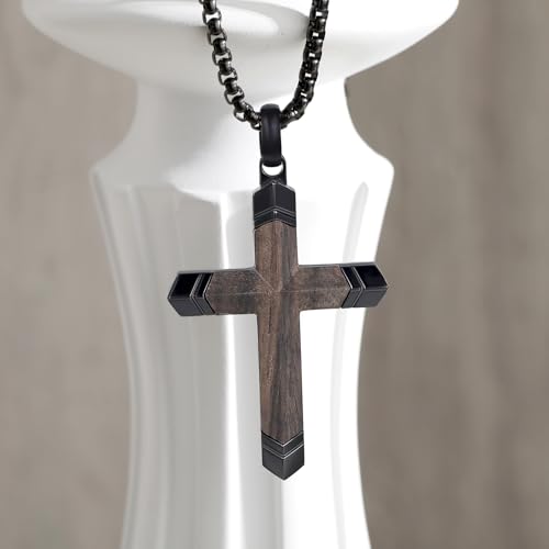 Cross Necklace for Men -Stainless Steel & Wood Adjustable Box Chain 24-26in, Spiritual Jewelry Gift for Him, Everyday Wear3