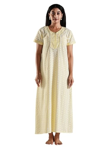Image of 9shines Label Stylish Chikankari Cotton Nighty Maxi for Women | Full Length Nightgown | Nightdress with Pocket | Embroidery Nighty | Soft Comfortable Cotton Nightwear (1545)
