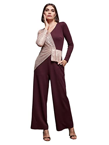 Image of Miss Chase Women's Halter Neck Sleeveless Solid Wide Leg Sequin Paneled Regular Length Jumpsuit