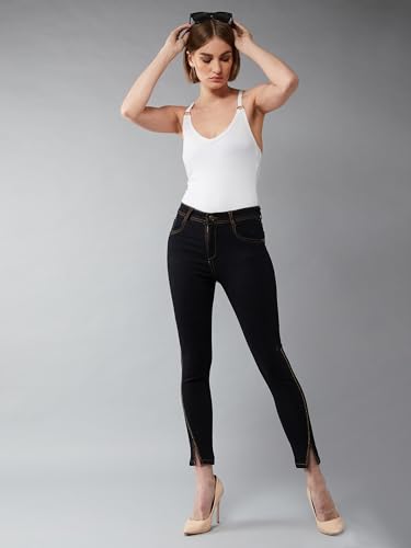 Image of Miss Chase Women's Skinny High Rise Cropped Length Fringe Detailing Stretchable Denim Jeans