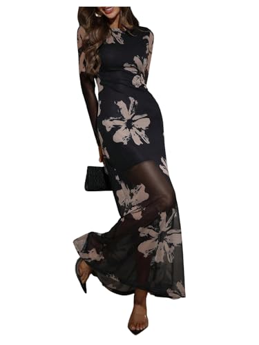 Image of GORGLITTER Women's Floral Mesh Flared Flowy Maxi Dress Crewneck Long Sleeve Wedding Guest Dresses
