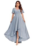 LANGKAAO Women's Dusty Blue V Neck Bridesmaid Dresses with Sleeves Chiffon A-Line Pleated High Low Formal Gown with Pockets Size 6