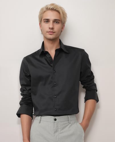 Image of IndoPrimo Men's Satin Shirt with Spread Collar Neck Line Solid Pattern Full Sleeves Regular Fit Western Style and Standard Length