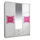 Kleiderschrank weiß/rosa 3 Türen B 136 cm Mädchen Prinzessin Kinderzimmer Jugendzimmer Schrank Drehtürenschrank Spiegelschrank