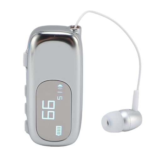 Clip On Bluetooth Headset with LCD Power Display and Vibration Alerts, Retractable Wireless Earphone for Driving Business, BT5.4 10m Range, Charging Port (Electroplated Bright Silver)