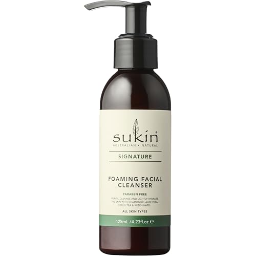 Sukin Signature Foaming Facial Cleanser 125ml - with Witch Hazel & Green Tea; cruelty free & vegan friendly - gently cleanses skin removes make-up dirt build-up and sebum.
