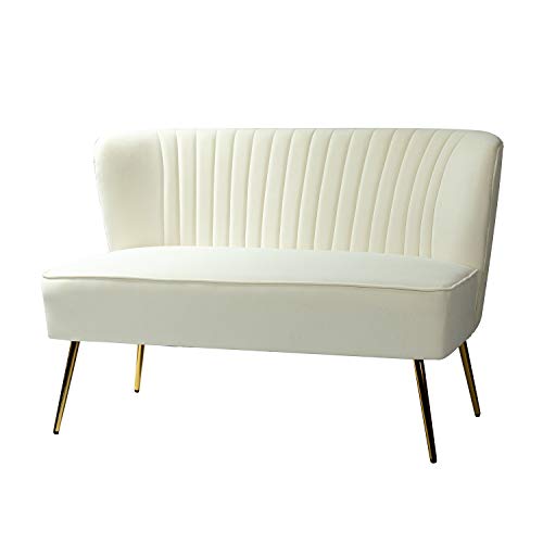 Tina's Home Contemporary Velvet Loveseat Sofa, Upholstered Loveseat Couch With Golden Metal Legs, Small Tufted 2-Seat Sofa Armless Love Seat For Living Room, Bedroom, Apartment Small Spaces, Ivory #TOP7