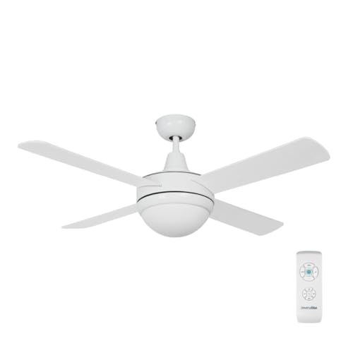UNIVERSALBLUE Ventilador de Techo Blanco Silencioso con Luz | Ventilador Aspas Reversibles Blanco Madera | Motor Eficiente | Mando a Distancia Control Remoto | Temporizador | Diámetro 106 cm