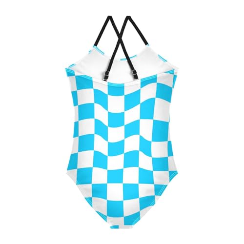 Image of Black and White Chess Girls One Piece Swimsuits Board Marble Tile Sport Halter Swimwear Beach Bathing Suit 3T