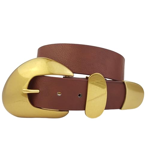 Axesoria Western-Inspired Vintage Gold Statement Buckle Belt Brown L