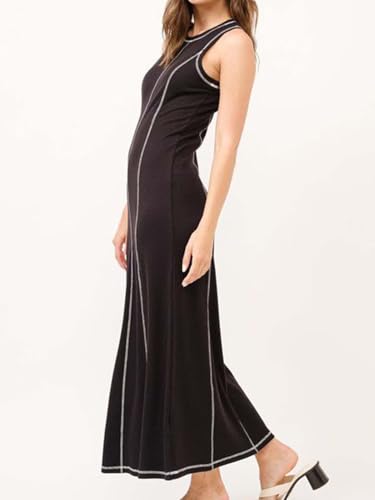 Image of Women's 2025 Summer Sundress Elegant Casual Crew Neck Sleeveless Knit Striped Bodycon Maxi Dress