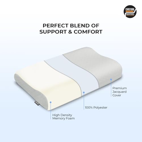 Image of CareFoam Cervical Memory Foam Pillow for Neck Support | 2-Year Manufacturing Warranty | Orthopedic Contour Pillow for Cervical Spine Alignment & Shoulder Support | Made in India | 21 x 13 x 4 Inch