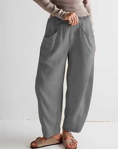 Womens Casual Cotton Linen Wide Leg Long Pants Spring Summer Loose Elastic Waist Solid Plus Size Trousers with Pockets2
