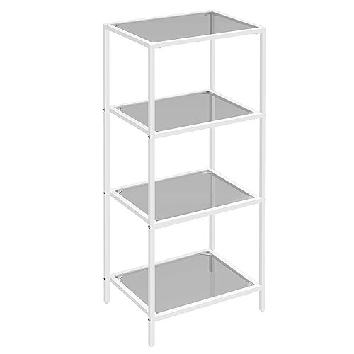 VASAGLE 4-Tier Glass Shelf, Bookshelf, Storage Rack, Tempered Glass, Easy Assembly, for Bathroom, Living Room, Bedroom, Office, Pearl White and Slate Grey LGT028W01