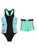 TTAO Mädchen Kinder Badeanzug Bikini Sommer Schwimmanzug Ärmelloser Bademode mit Reißverschluss + Badeshorts Swimsuit Gr.98-176 Tropische Palme 134-140