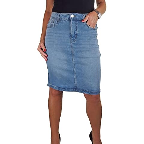 Women's Knee Length Stretch Denim Skirt Ladies Pencil Jeans Skirt Bleached Pale Blue 10-22 (14) Cover