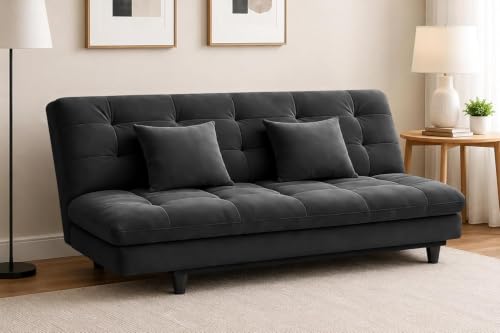Image of Velvet Fabric Wooden 3-Seater Apsen Sofa Bed with Tufted Couch with Adjustable Backrest- Living Room Furniture-Black-Color