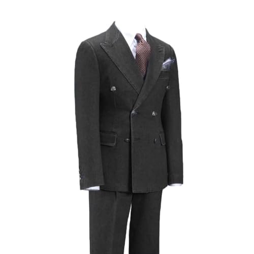 Fashion Denim Suits for Men Double Breasted Prom Tuxedos Peak Lapel 2 Pieces Blazer Pants for Evening Party