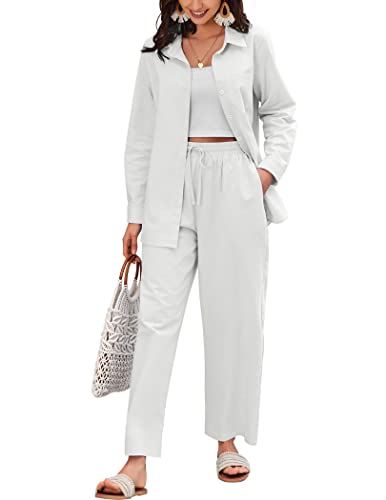 Zeagoo Women Linen Suit Two Piece Outfits Summer Beach Linen Shirt and Pants Set