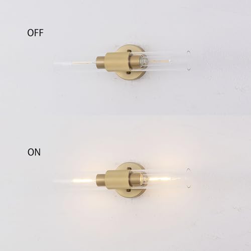 Image of BYOLIIMA Gold Knurled Texture Wall Sconce Clear Glass Shade Modern Bathroom Vanity Light Fixtures 2-Lights Mid Century Wall Light for Mirror Living Room Hallway E26 T10 Bulbs(Excluded)