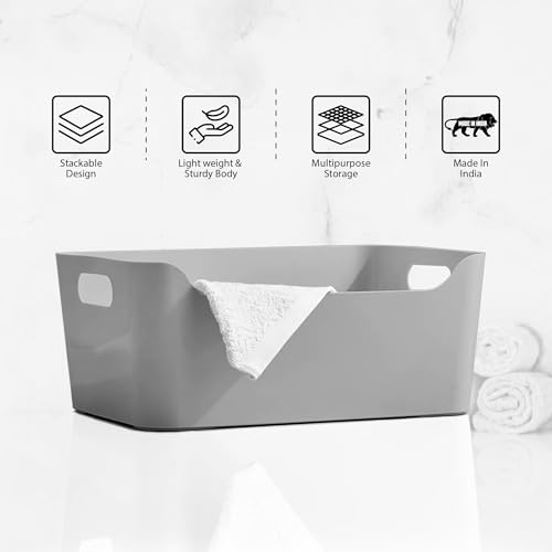 Image of KOLORR Jolly Plastic Medium Baskets with Handle for Storage Box| Multipurpose Light Weight Plastic Baskets organiser for Make-up Stationary Cosmetics Kitchen Livingroom Bathroom | Pack of 2 - Grey