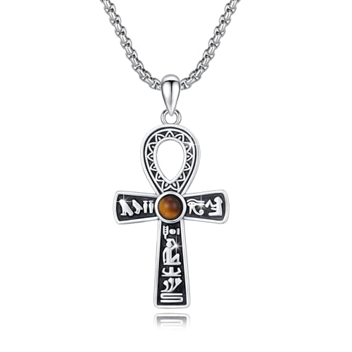 Croix d'Ankh argent pendentif oeil de tigre amulette protection