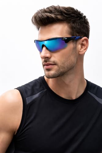 Image of Oversized Sports Goggles for Men & Women UV400 Protection Non Polarized Cycling Running Cricket Driving Fishing Outdoor Lightweight Wraparound Design Clear Vision Eyewear. (Blue)