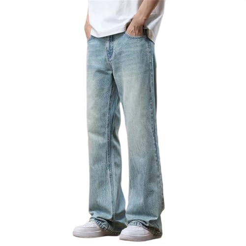 Mens Flared Jeans Loose Fit Vintage Streetwear Lightweight Casual Washed Denim Pants