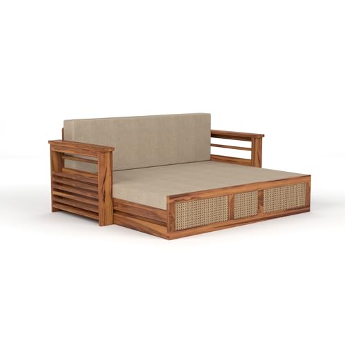 Image of Mamta Furniture Sheesham Wood Sofa Cum Bed with Storage Rattan Cane Design Wooden Sofa Set for Living Room Bedroom 3 Seater Convertible Sofa Bed in Honey Finish