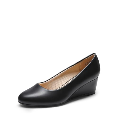 DREAM PAIRS Women's Low Wedges Heels Closed Round Toe Pumps Comfortable Slip On Dress Work Wedding Shoes 9 Black-pu