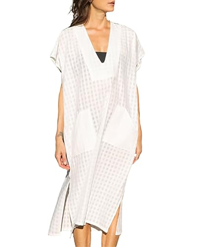 Bsubseach Women Plaid Swimsuit Cover Up V Neck Kaftan Dresses Caftan Maxi Dress White