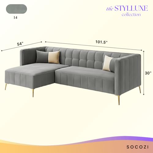 Image of SOCOZI Stylluxe 6 Seater Velvet Fabric LHS L Shape Sofa Set for Living Room |Fabric L Shape Sofa Set for Home & Office (Dark Grey)