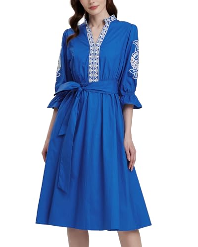 Kedera Womens Midi Summer Dresses Casual 3/4 Sleeve V Neck High Waisted Embroidered Cotton Flowy Dress 2025 with Pocket