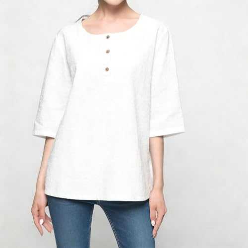 FTCayanz Women's Linen Tops Shirts Summer Casual Jacquard Tunic Blouse Large White - image 2