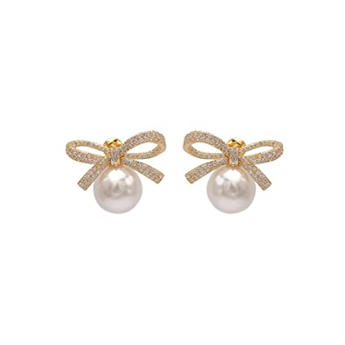 Clyhon New York Goldband Schleife Knoten Kristall Strass Weiße Perle Ohrstecker Cover