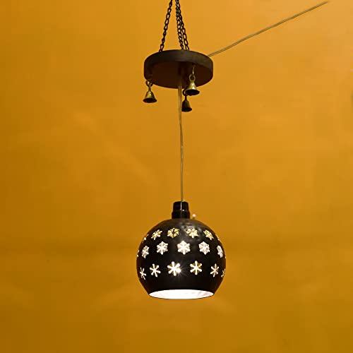 Image of AAKRITI ART CREATIONS Floral Glow Black Handcrafted Metal Pendant Lamp with Mango Wood Rosette for Living Room Ceiling | Hanging Lamp Decor | Ceiling Hanging Lights for Living Room | Fancy Lights for