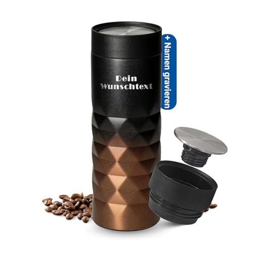 Thermobecher personalisiert 450 ml - auslaufsicherer Edelstahl to go Becher - hält mehrere Stunden heiß & kalt - Kaffeebecher to go mit Push-Deckel für Büro, Auto und Uni, Farbe:schwarz/kupfer