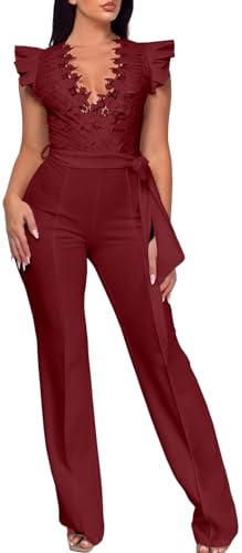 Image of PaladMom Womens Elegant Plus Size Jumpsuits Sexy Back zipper Short Sleeve Mid Waist Wide Leg Straight Rompers
