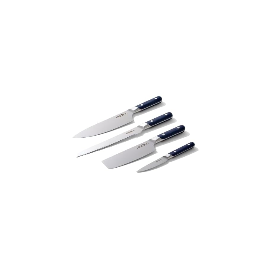 Made-In-Cookware-4-Piece-Knife-Set-with-Knife-Block-Includes-Chef-Knife-Bread-Knife-Paring-Knife-and-Nakiri-Knife-Full-Tang-With-Habour-Blue-Handle-Made-in-France Made In Cookware - 4 Piece Knife Set with Knife Block - Includes Chef Knife, Bread Knife, Paring Knife, and Nakiri Knife - Full Tang With Habour Blue Handle - Made in France