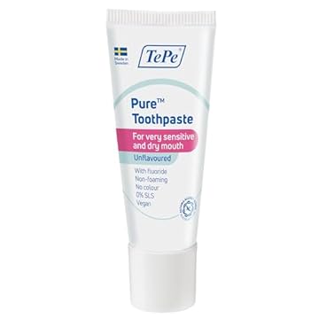 Dentifricio TePe Pure, non aromatizzato, dentifricio molto delicato al fluoro per gengive molto sensibili e bocca secca, uso quotidiano, livello di fluoro adeguato all'età