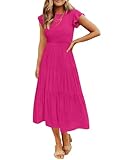 ZESICA Women's 2025 Summer Casual Flutter Short Sleeve Crew Neck Smocked Elastic Waist Tiered Midi Dress,Rose,Medium