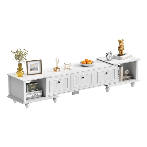 Scurrty Extendable TV Stand for 85’’ TV, Entertainment Center with 2 Storage Open Shelves, Adjustable Length, TV Media Console with 3 Doors for Living Room, Bedroom, White