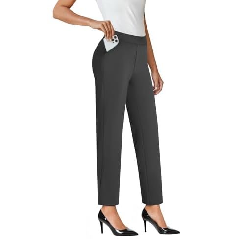 Ankle Dress Pants Women High Waisted Work Travel Pants with Pockets Stretchy Business Casual Slacks Dark Grey Medium