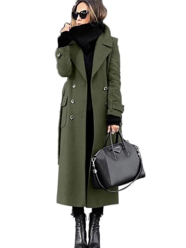 Godoboo Damen Wollmantel mit Umlegekragen Lang Damen Trenchcoat Zweireiher mit Gürtel Damen Frühling Jacke Winddichte Slim Fit Einfarbig Midimantel
