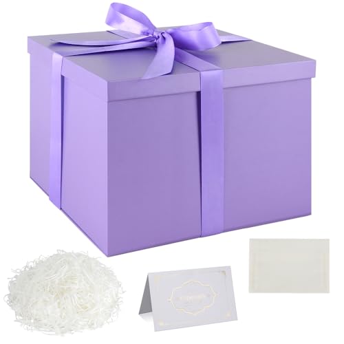 Juego Cajas Regalo, Cajas Regalo Morado con tapas Caja regalo Profundo con cinta 24 x 24 x 18 cm Caja regalo Papel seda triturado Tarjetas felicitación para Navidad Cumpleaños Aniversario Bodas