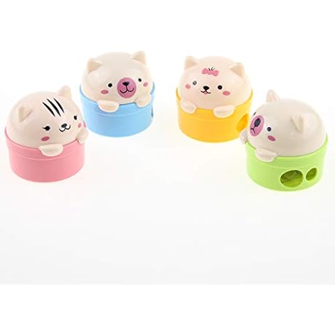 SZJHXIN Pencil Sharpener, Pack of 4 Pencil Sharpener Manual Cute Cartoon Bear Colored Hand Held Pencil Sharpeners with Lid, Double Holes for Kids and School Plastic Cute Pencil Sharpener Cover