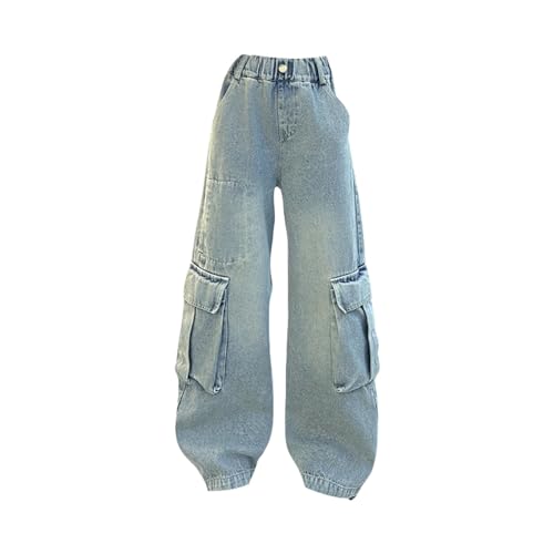 Girls High Waist Cargo Jeans Baggy 𝐅𝐥ap Pocket Streetwears Kids Fall Straight Leg Denim Pants with Multi Pokets