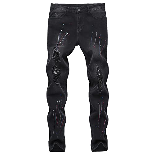 Pantalon jeans noir homme slim stretch breaking hole casual denim