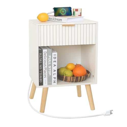 Image of Fultyle White Nightstand with Charging Station, Mid Century Modern Bedside Table with Drawers and Outlet, Side Tables Living Room, Wooden Night Stand for Bedroom, Office (White)